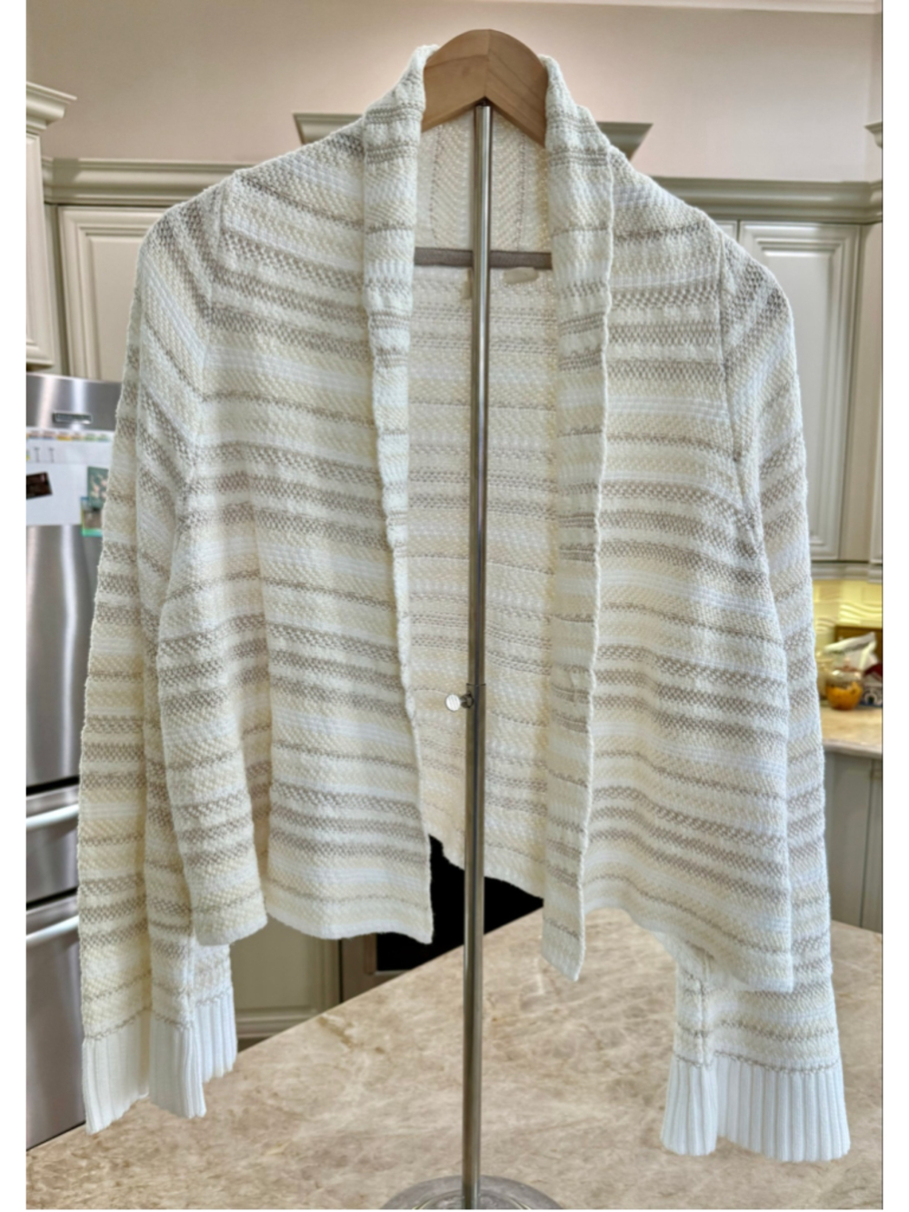 Moth Anthropologie Cardigan cotton Sweater Size M White Beige Striped Open Front